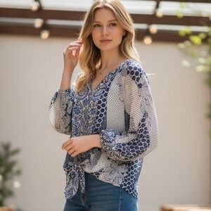 Olive Hill Blue White Mixed Patchwork Tie Front Button Up Blouse XL Sheer Boho